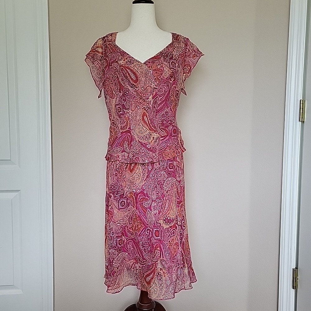 Adrianna Papell Silk Skirt & Blouse Size 6 Paisley Pink Fairy Y2K Ruffle Beaded